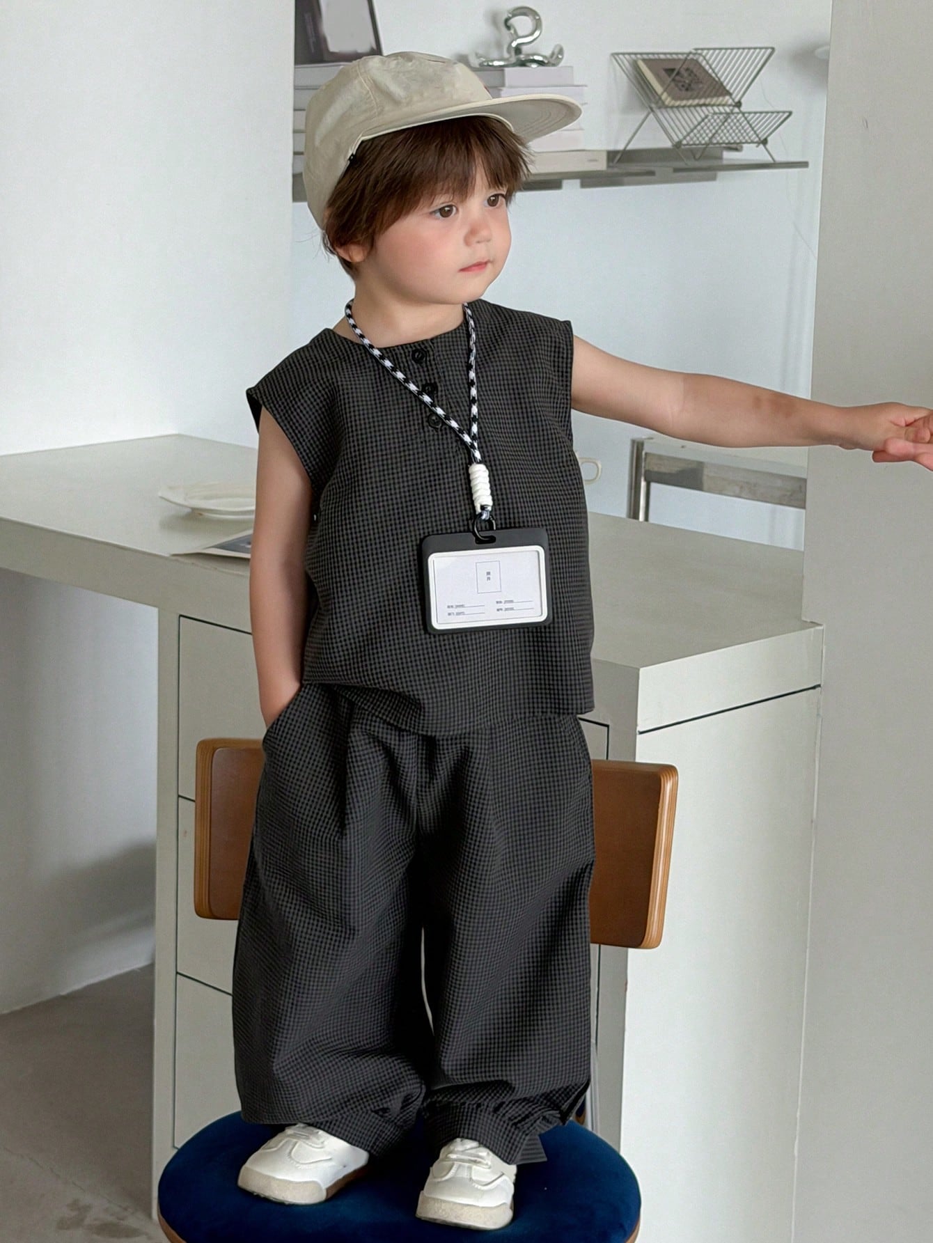 2pcs Boys Micro-Check Sleeveless Top & Wide-Leg Pants Set - Graphit...
