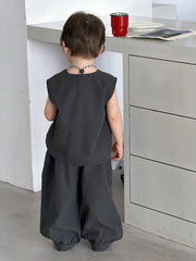 2pcs Boys Micro-Check Sleeveless Top & Wide-Leg Pants Set - Graphit...