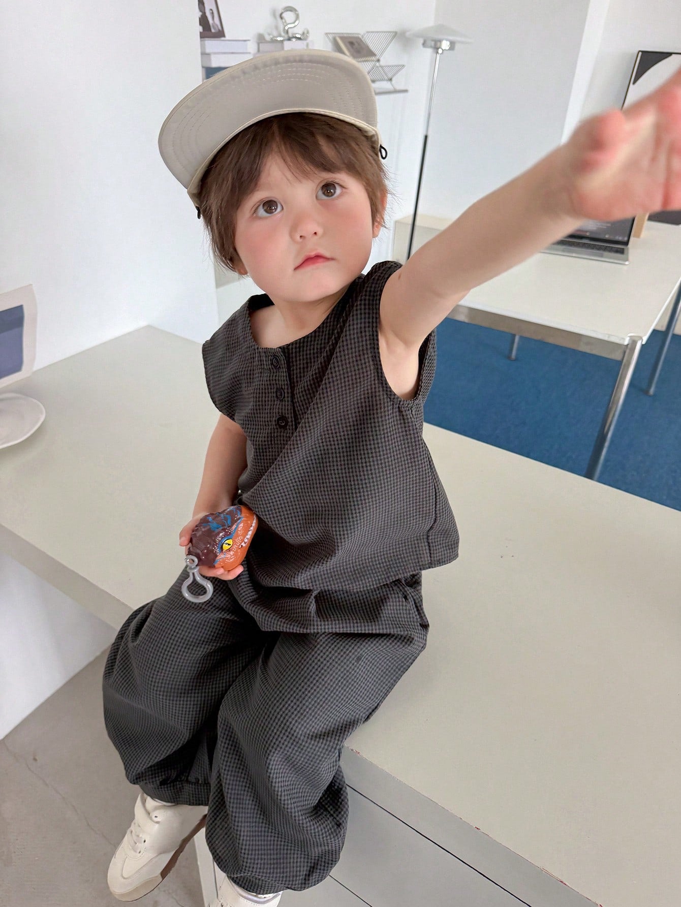 2pcs Boys Micro-Check Sleeveless Top & Wide-Leg Pants Set - Graphit...