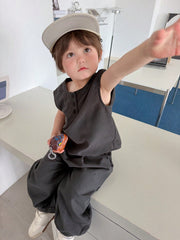 2pcs Boys Micro-Check Sleeveless Top & Wide-Leg Pants Set - Graphit...