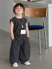 2pcs Boys Micro-Check Sleeveless Top & Wide-Leg Pants Set - Graphit...