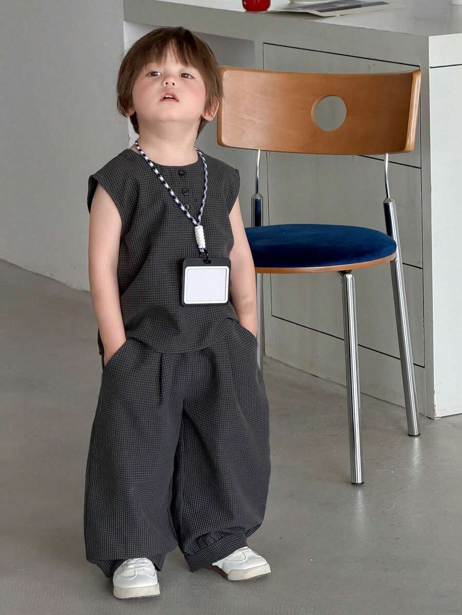 2pcs Boys Micro-Check Sleeveless Top & Wide-Leg Pants Set - Graphit...