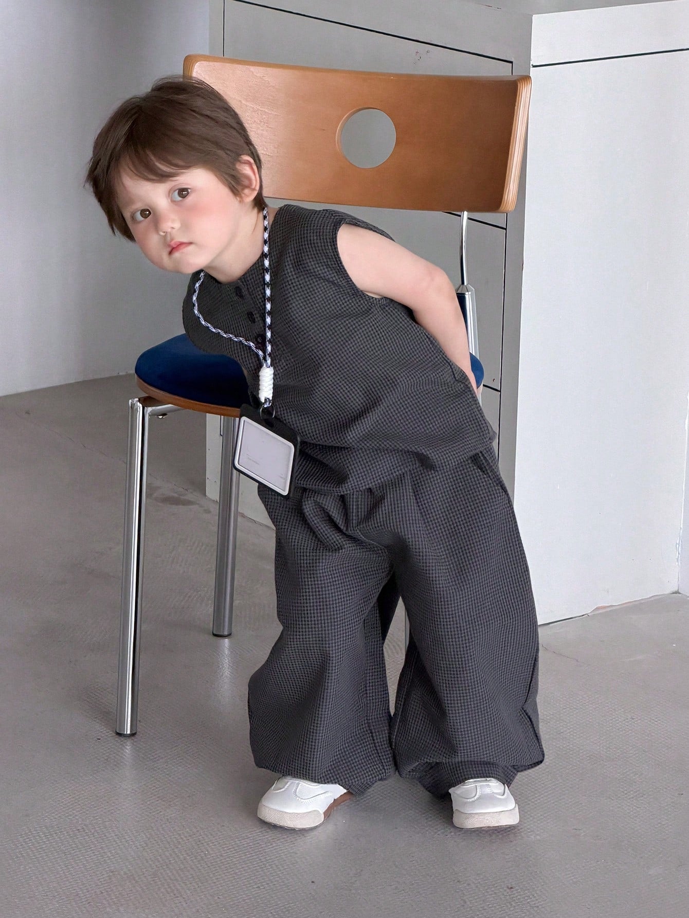 2pcs Boys Micro-Check Sleeveless Top & Wide-Leg Pants Set - Graphit...