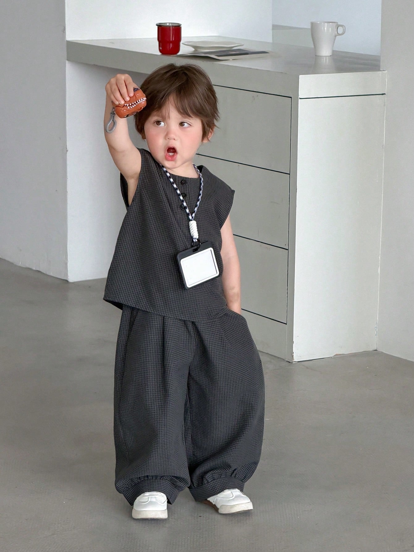 2pcs Boys Micro-Check Sleeveless Top & Wide-Leg Pants Set - Graphit...