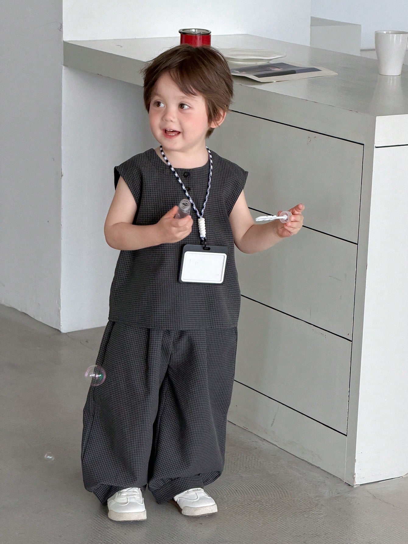 2pcs Boys Micro-Check Sleeveless Top & Wide-Leg Pants Set - Graphit...