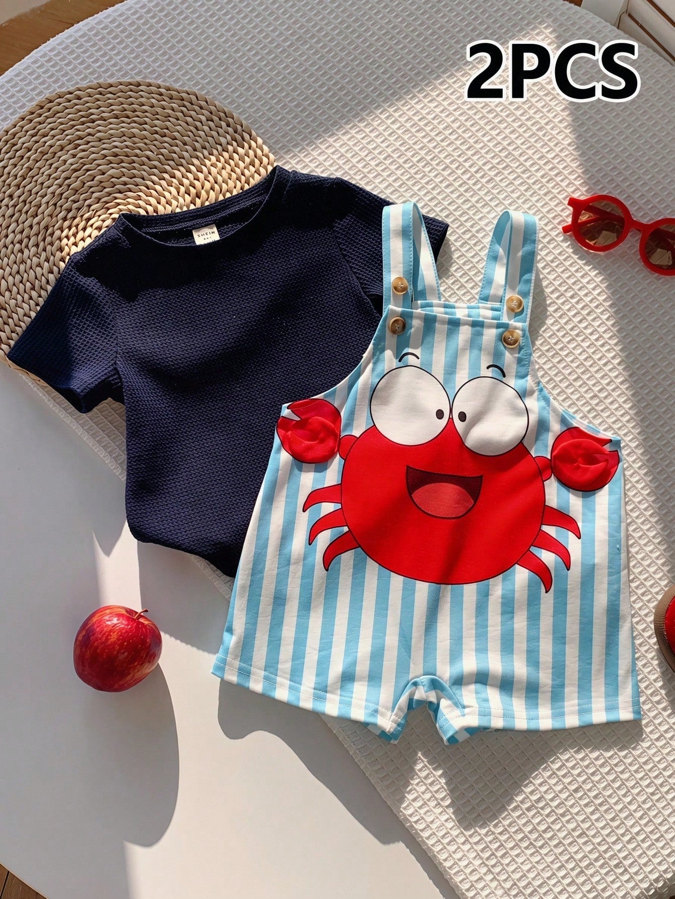 2pcs Boys Crab Graphic Waffle Tee & Stripe Dungaree Set - Cerulean ...