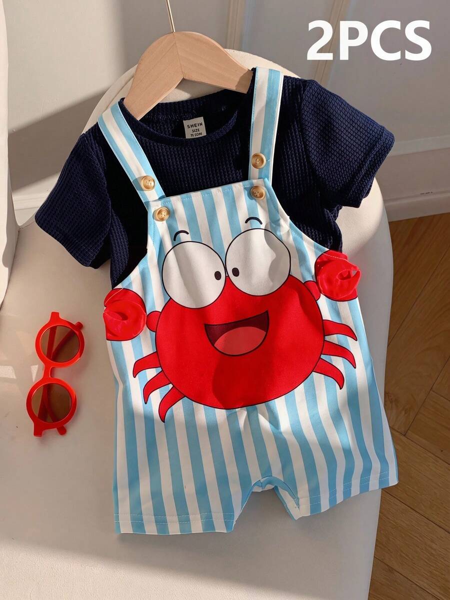 2pcs Boys Crab Graphic Waffle Tee & Stripe Dungaree Set - Cerulean ...