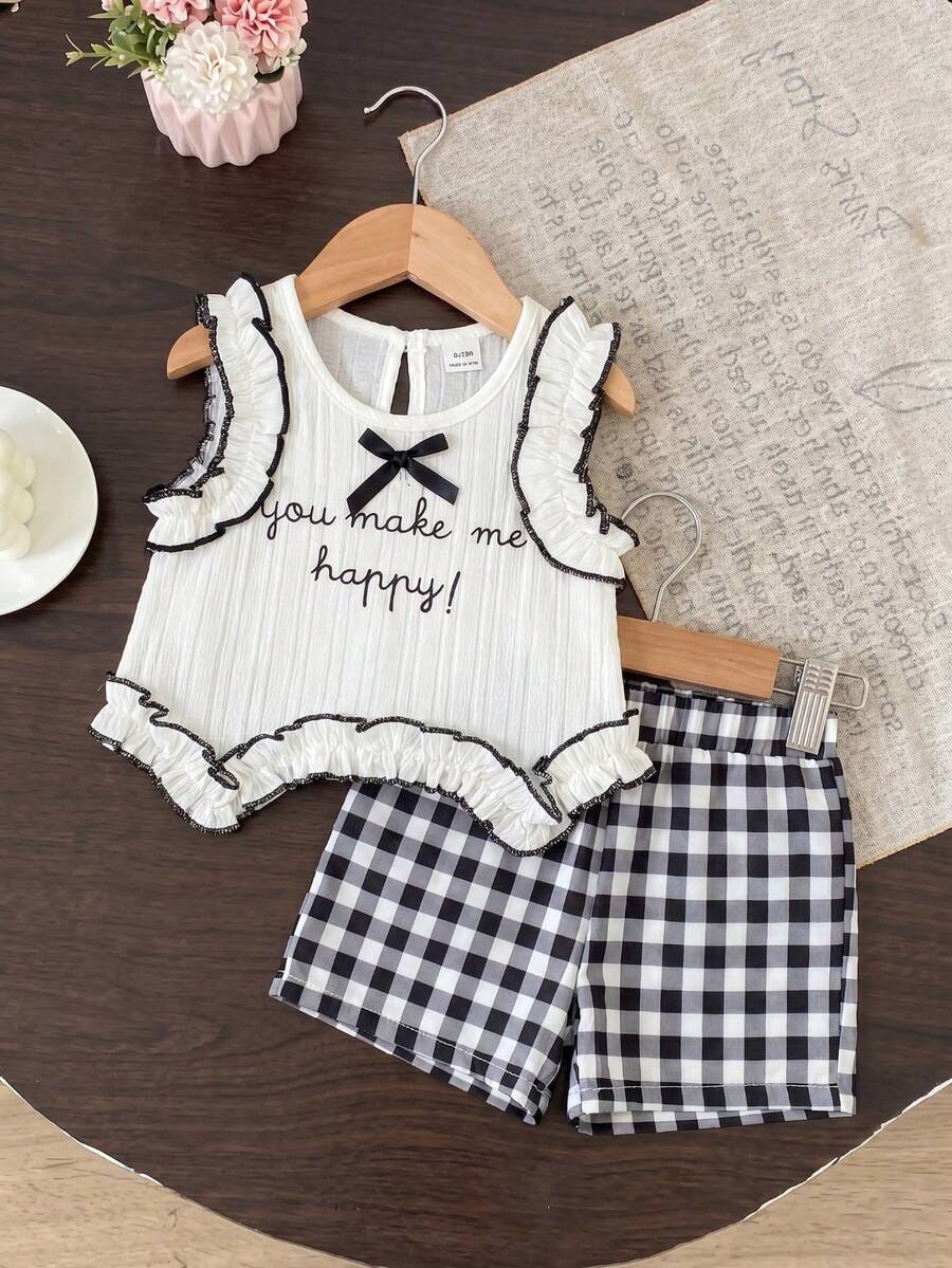 2pcs Girls Ruffle Bow Vest Top & Gingham Shorts Set - Ivory | 21 Ce...