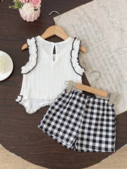 2pcs Girls Ruffle Bow Vest Top & Gingham Shorts Set - Ivory | 21 Ce...