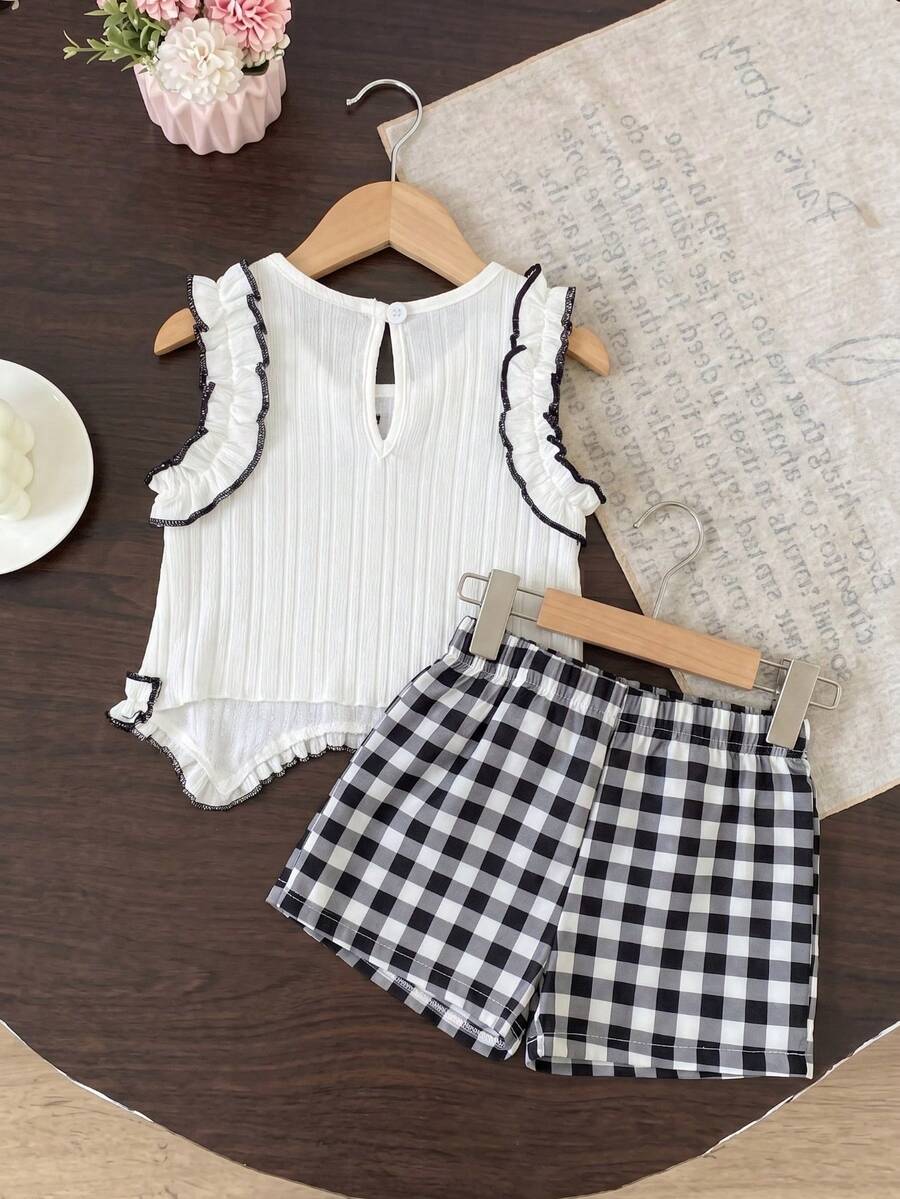 2pcs Girls Ruffle Bow Vest Top & Gingham Shorts Set - Ivory | 21 Ce...