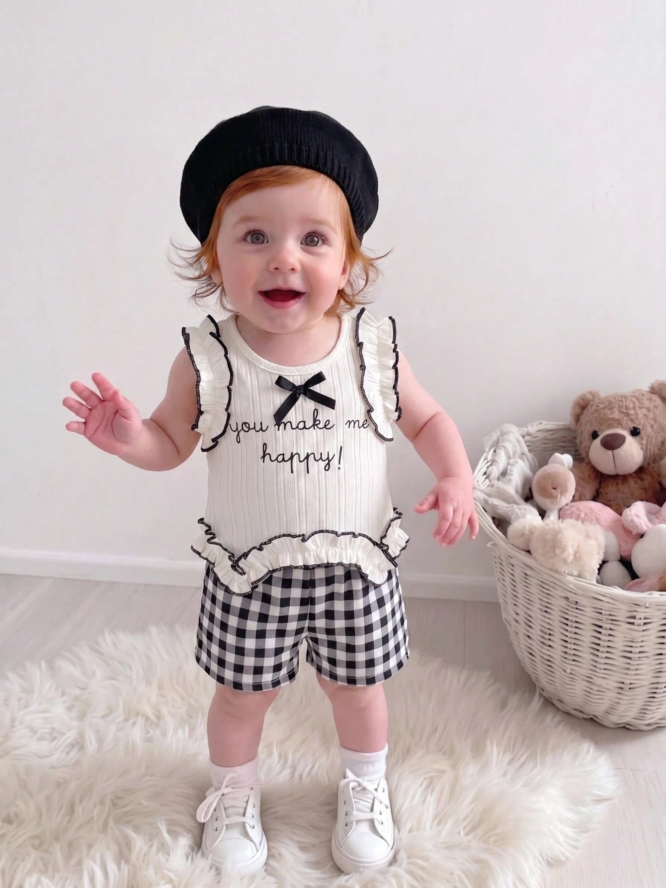 2pcs Girls Ruffle Bow Vest Top & Gingham Shorts Set - Ivory | 21 Ce...