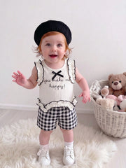 2pcs Girls Ruffle Bow Vest Top & Gingham Shorts Set - Ivory | 21 Ce...