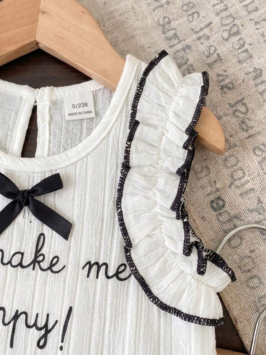 2pcs Girls Ruffle Bow Vest Top & Gingham Shorts Set - Ivory | 21 Ce...