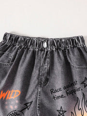 2pcs Big Boys Graffiti Bear Graphic Tee & Denim Shorts Set - Ivory ...