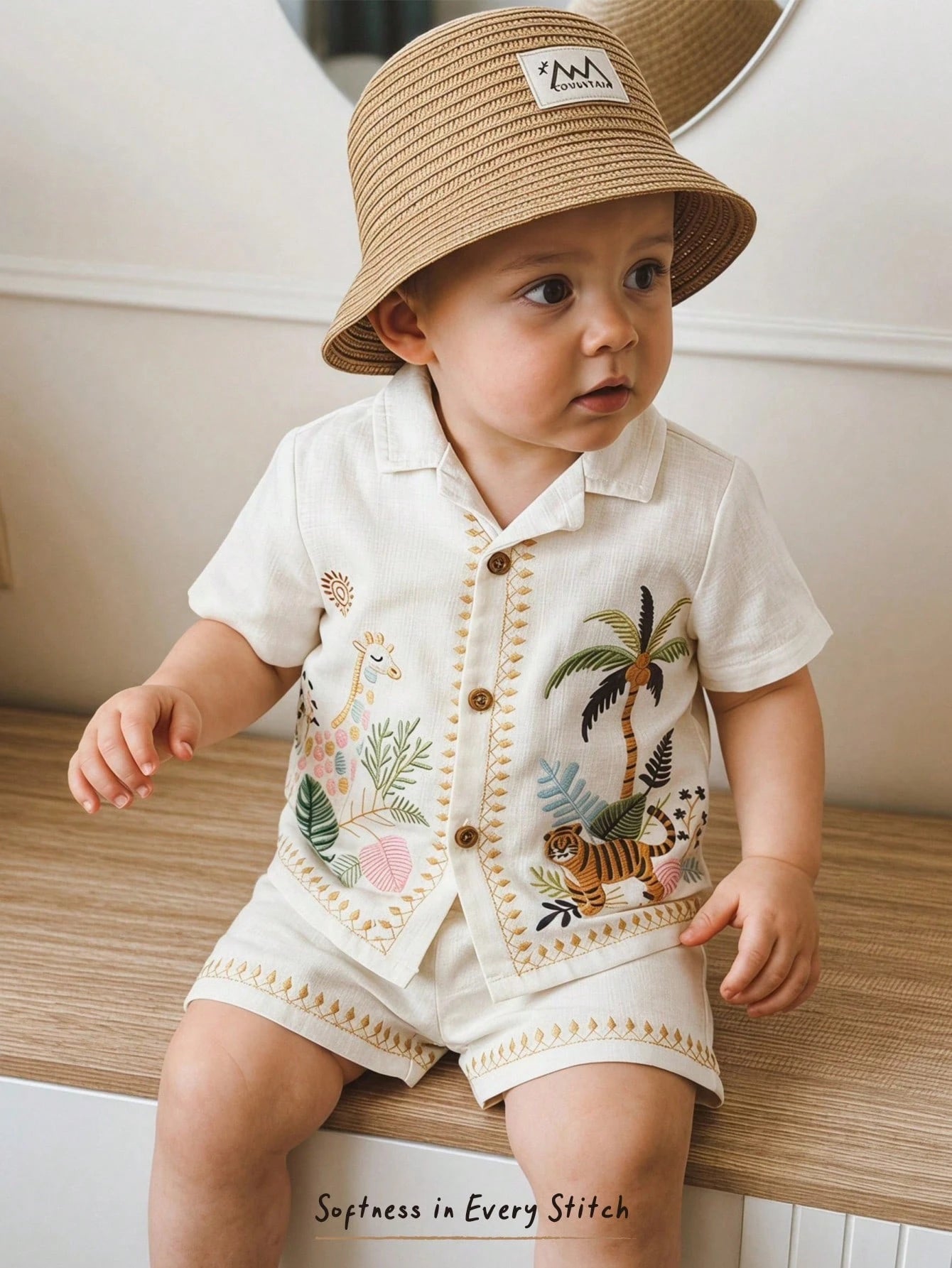 2pcs Boys Jungle Embroidered Resort Shirt & Shorts Set - Ecru | 21 ...