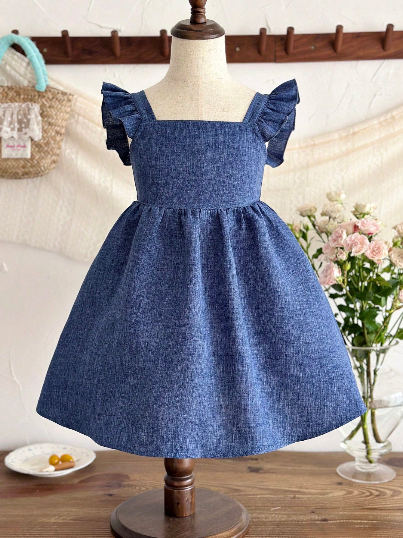 Little Girls Square Neck Ruffle Back-Bow A-Line Dress - Indigo | 21...