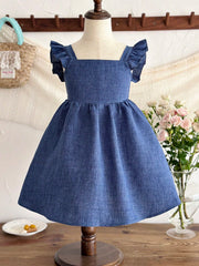 Little Girls Square Neck Ruffle Back-Bow A-Line Dress - Indigo | 21...
