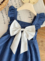 Little Girls Square Neck Ruffle Back-Bow A-Line Dress - Indigo | 21...