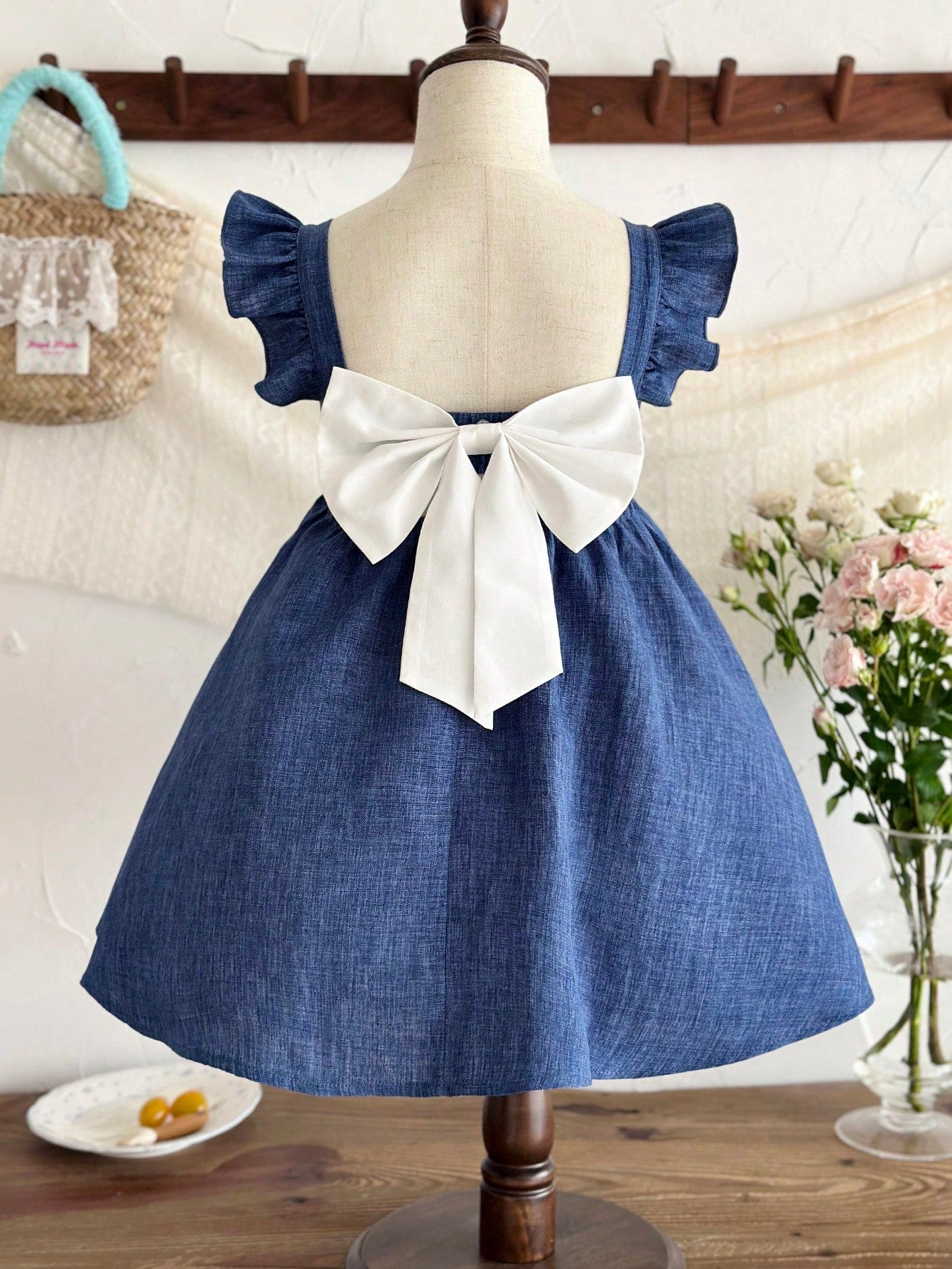Little Girls Square Neck Ruffle Back-Bow A-Line Dress - Indigo | 21...
