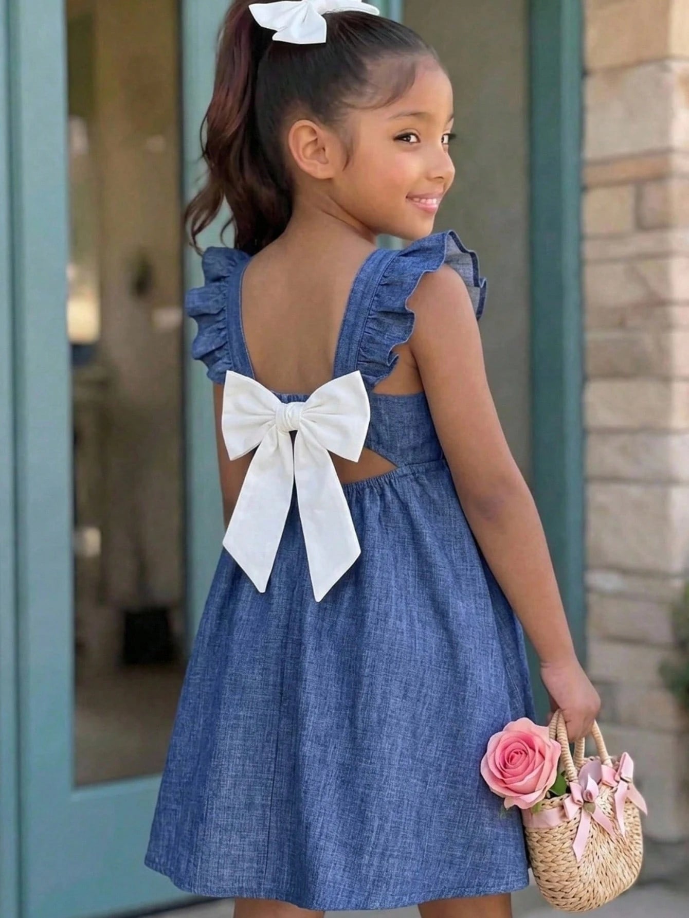 Little Girls Square Neck Ruffle Back-Bow A-Line Dress - Indigo | 21...