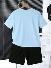 2pcs Boys Palm Print Graphic Tee & Shorts Set - Cerulean | 21 Centu...
