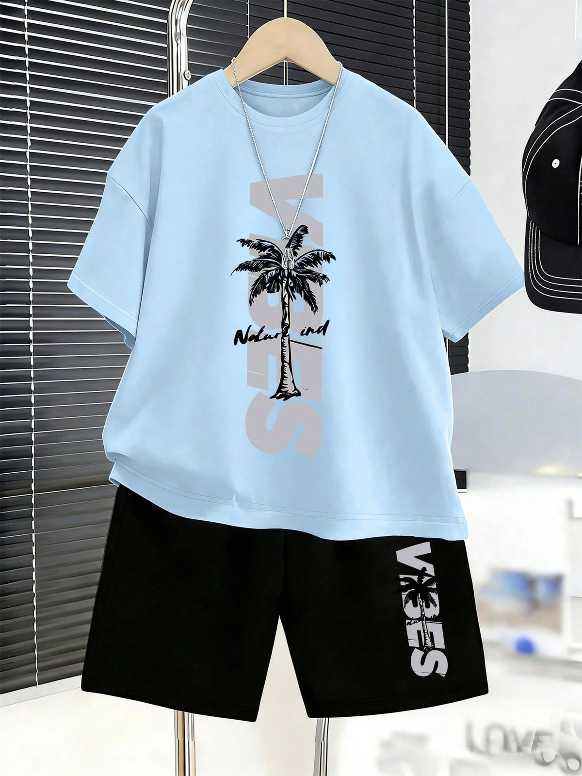 2pcs Boys Palm Print Graphic Tee & Shorts Set - Cerulean | 21 Centu...