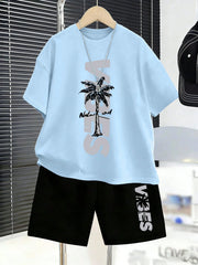 2pcs Boys Palm Print Graphic Tee & Shorts Set - Cerulean | 21 Centu...