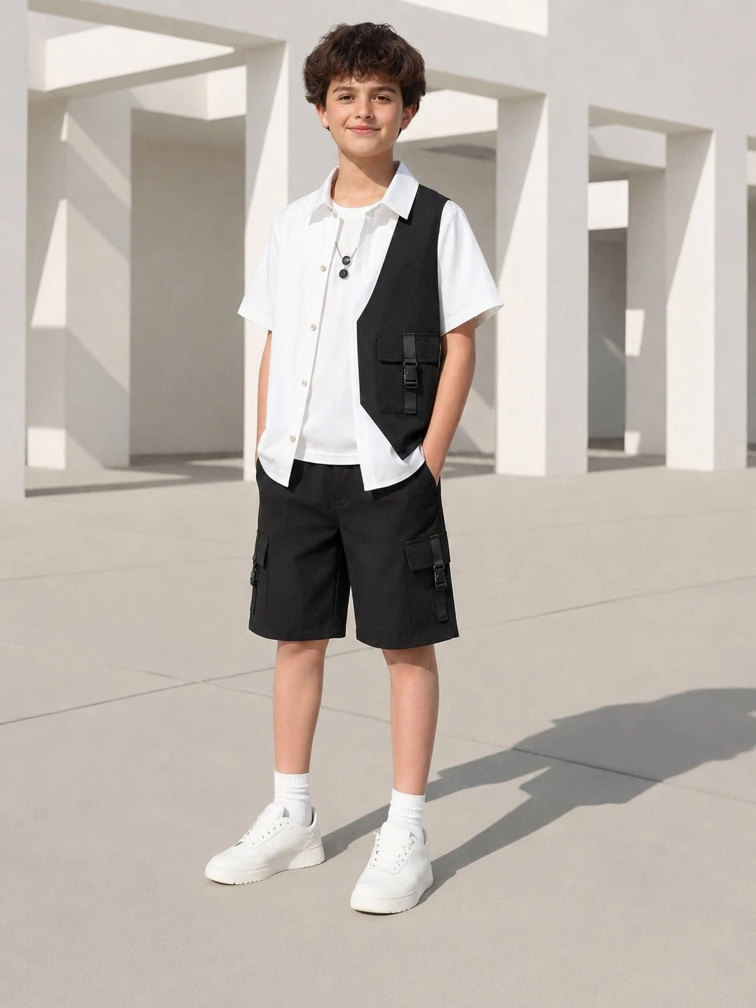 2pcs Big Boys Collared Shirt & Shorts Set - Ivory