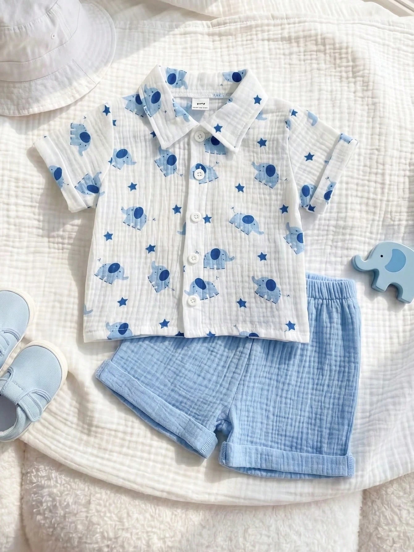 2pcs Boys Elephant Print Muslin Shirt & Shorts Set - Ivory | 21 Cen...