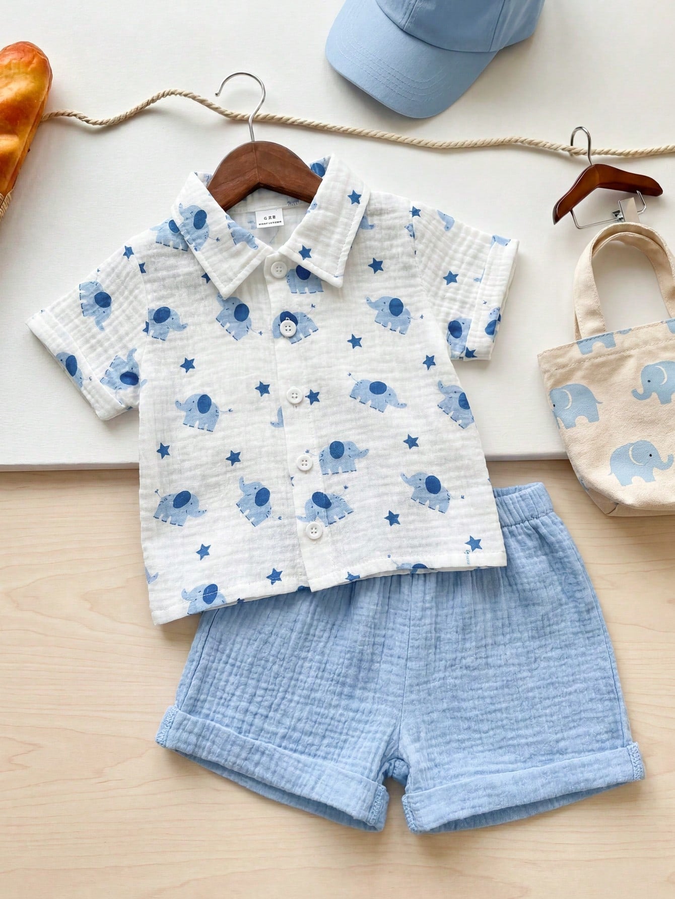 2pcs Boys Elephant Print Muslin Shirt & Shorts Set - Ivory | 21 Cen...