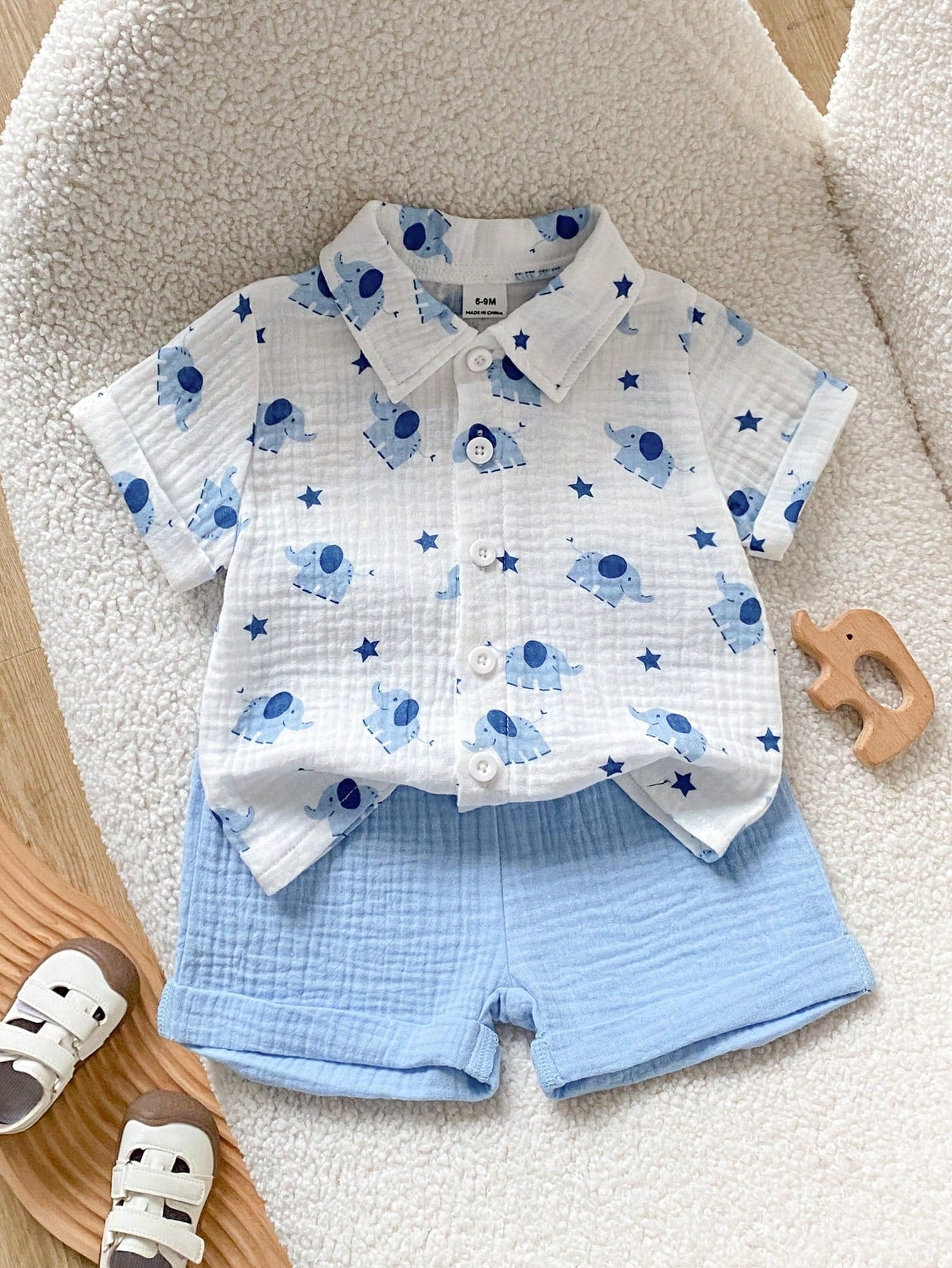 2pcs Boys Elephant Print Muslin Shirt & Shorts Set - Ivory | 21 Cen...
