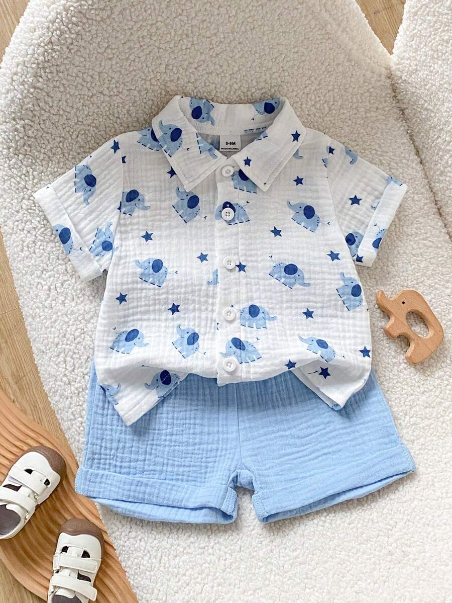 2pcs Boys Elephant Print Muslin Shirt & Shorts Set - Ivory | 21 Cen...
