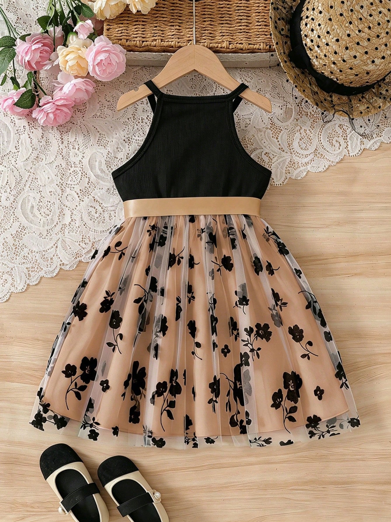 Little Girls Floral Tulle Halter Party Dress - Champagne
