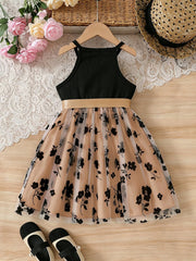 Little Girls Floral Tulle Halter Party Dress - Champagne