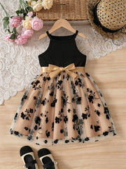 Little Girls Floral Tulle Halter Party Dress - Champagne