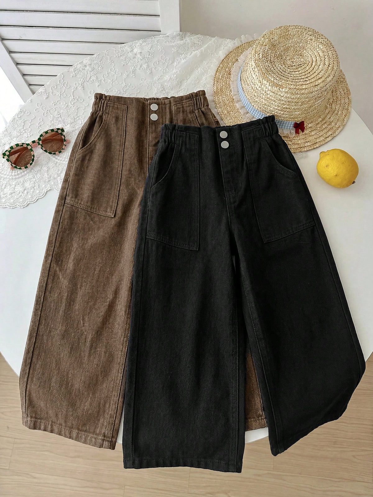 2pcs Little Girls Wide-Leg Denim Jeans Set - Wenge | 21 Century Kids