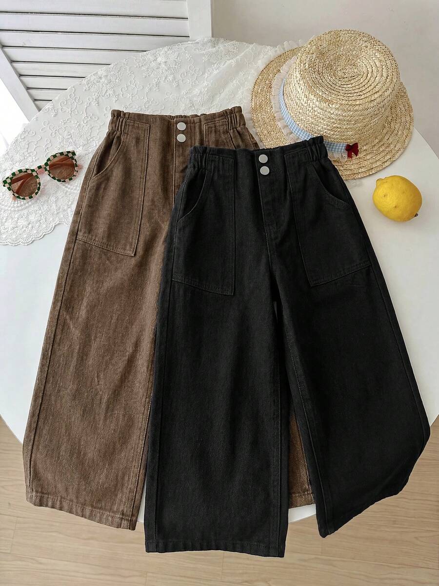 2pcs Little Girls Wide-Leg Denim Jeans Set - Wenge | 21 Century Kids