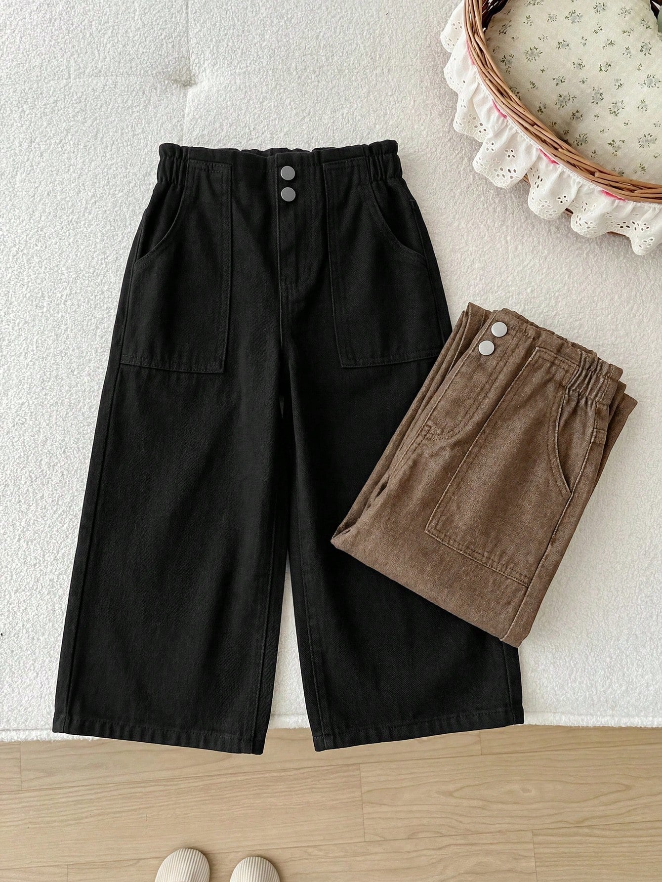 2pcs Little Girls Wide-Leg Denim Jeans Set - Wenge | 21 Century Kids
