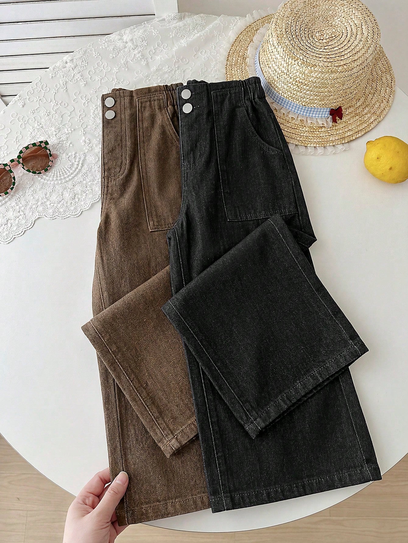 2pcs Little Girls Wide-Leg Denim Jeans Set - Wenge | 21 Century Kids