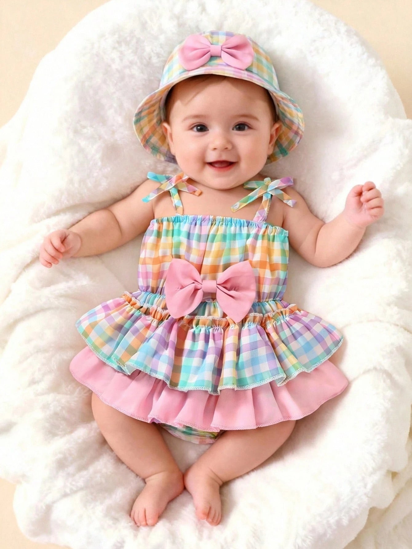 2pcs Baby Girls Plaid Bow Romper & Sun Hat Set - Sorbet | 21 Centur...