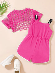 2pcs Girls Fishnet Crop Top & Slogan Romper Set - Fuchsia