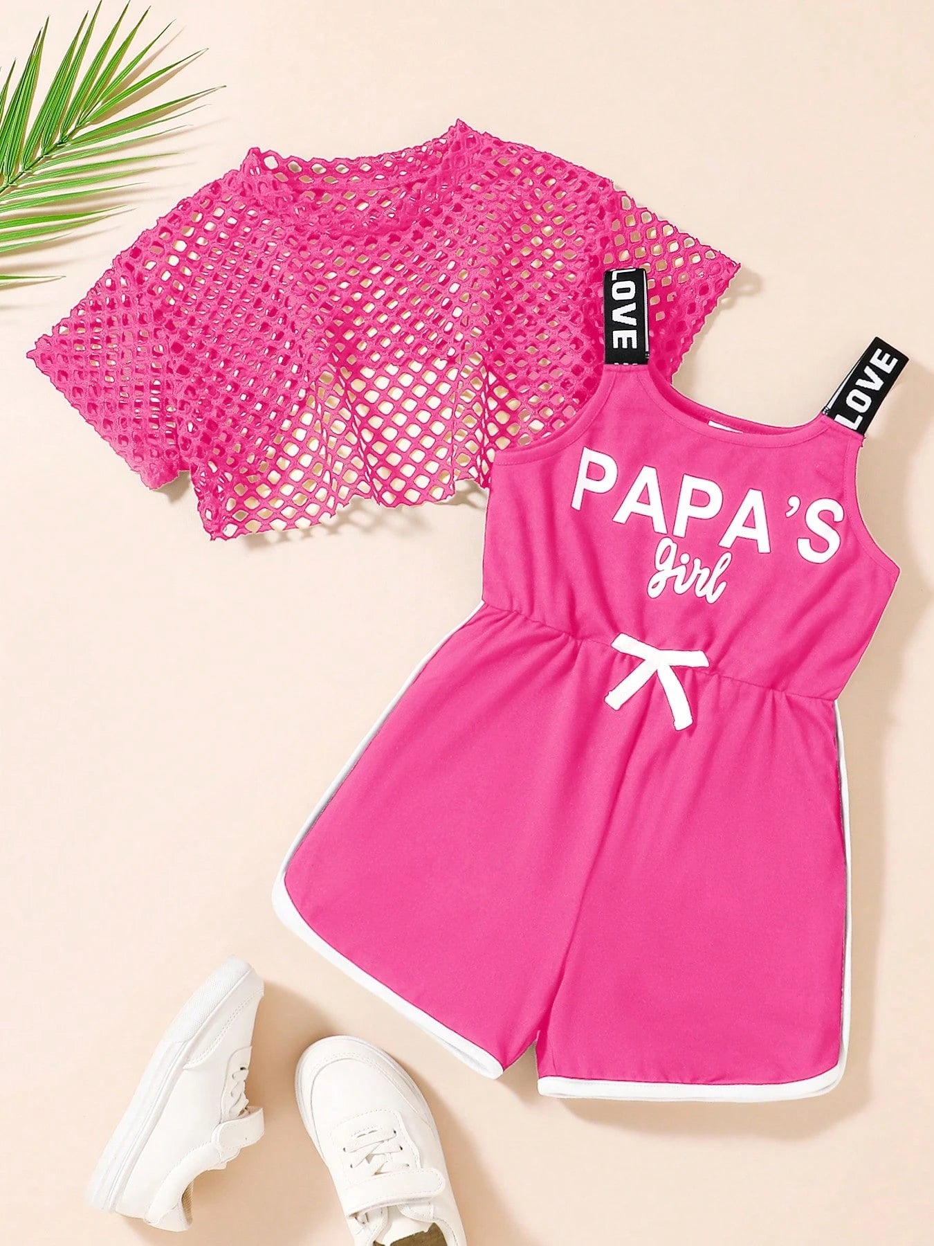2pcs Girls Fishnet Crop Top & Slogan Romper Set - Fuchsia