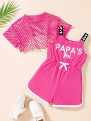 2pcs Girls Fishnet Crop Top & Slogan Romper Set - Fuchsia