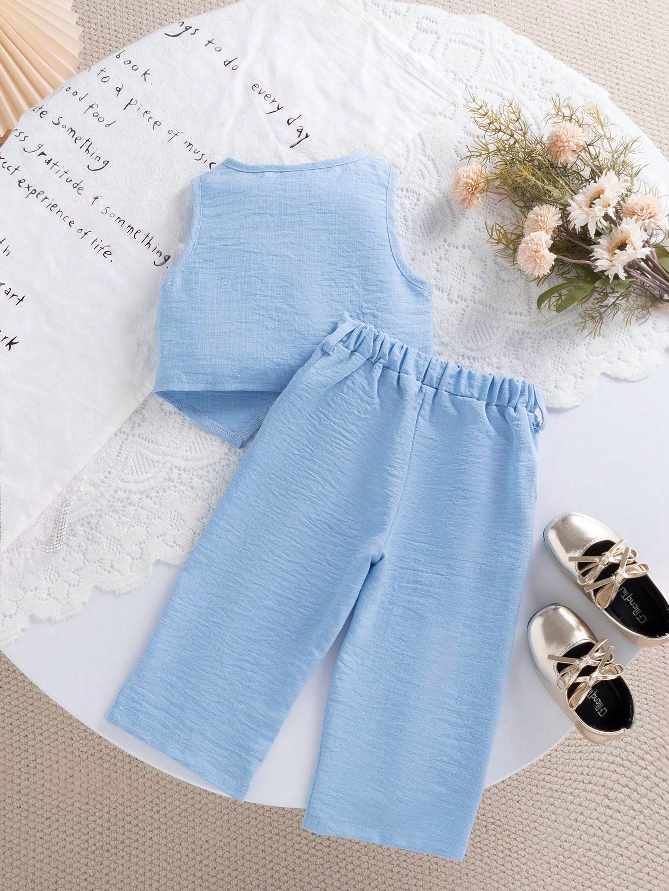 2pcs Girls Linen-Texture Blazer Vest & Wide-Leg Pants Set - Periwin...