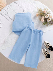 2pcs Girls Linen-Texture Blazer Vest & Wide-Leg Pants Set - Periwin...