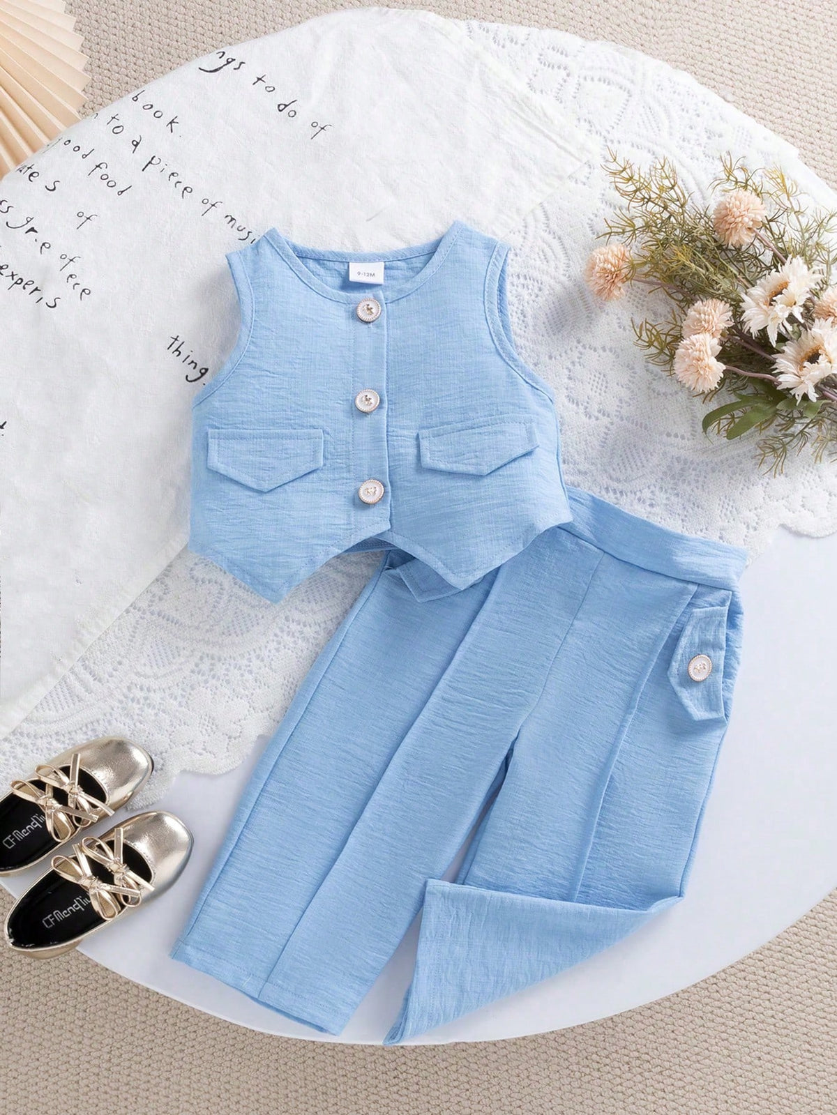 2pcs Girls Linen-Texture Blazer Vest & Wide-Leg Pants Set - Periwin...