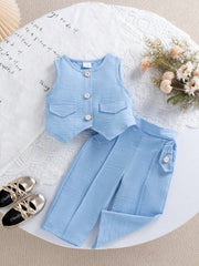 2pcs Girls Linen-Texture Blazer Vest & Wide-Leg Pants Set - Periwin...