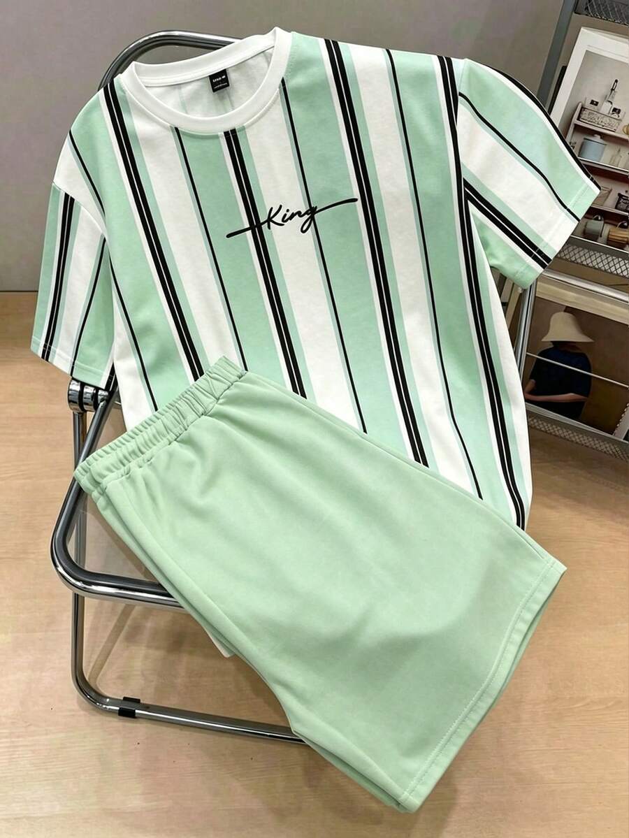 2pcs Big Boys King Stripe Tee & Shorts Set - Celadon | 21 Century Kids