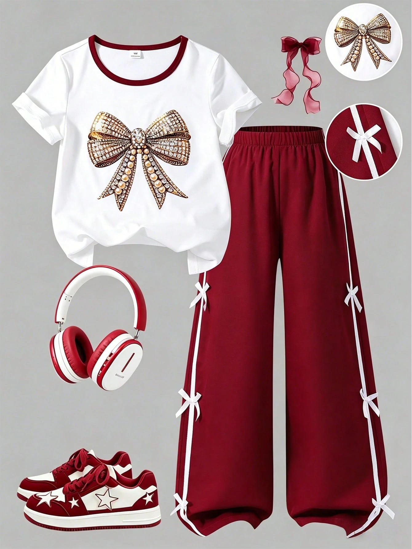 2pcs Big Girls Jewel Bow Tee & Ribbon Wide-Leg Pants Set - Crimson ...