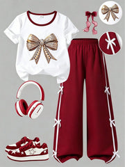 2pcs Big Girls Jewel Bow Tee & Ribbon Wide-Leg Pants Set - Crimson ...